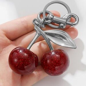 Red Cherry accessories for your bag purse with silver accents sparkle glitter
